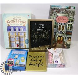BOX WITH VICTORIA DOLLHOUSE KIT, BOOK PICTURES,