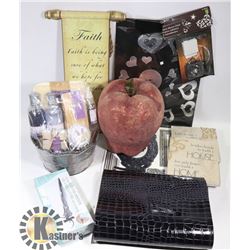 BOX OF NEW ASSORTED HOME DECOR.