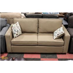 TAN FABRIC SOFA WITH 2 ACCENT CUSHIONS 70"