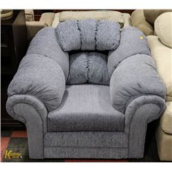 BLUE FABRIC CHAIR ON CHOICE-STAIN ON ARM