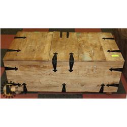 RUSTIC WOOD STORAGE CHEST W/ METAL STRAPS.