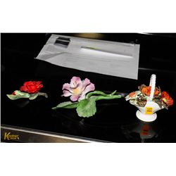 LOT OF 3 COLLECTIBLE PORCELAIN FLOWER ORNAMENTS