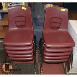 STACK OF 10 RED HEAVY DUTY CHAIRS -