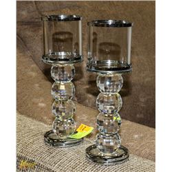 PAIR OF CRYSTAL CANDLE HOLDERS WITH SILVER TONED
