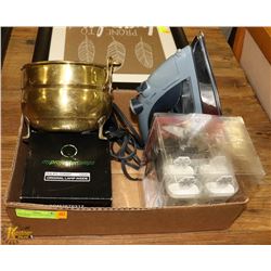 BOX OF MISC INCL IRON, BRASS POT, AND MORE.