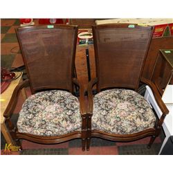 PAIR OF WOOD & FABRIC ARM CHAIRS.