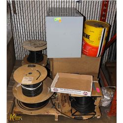 PALLET OF CABLE WIRE, FILING CABINET AND MORE