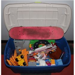 LARGE CONTAINER OF KIDS TOYS WITH SKATEBOARD.