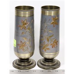 LOT OF 2 ETCHED METAL VASES