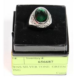 MENS SILVER TONE GREEN GEM RING SZ 11.5