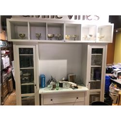 WHITE COUNTRY LOOK DISPLAY WITH 2 GLASS DOORS, DESK AND OVERSHELF