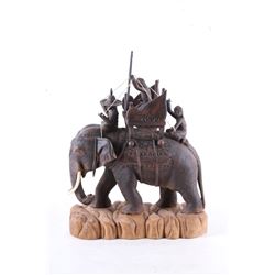 Early 1900's Carved Wood Elephant w/ Riders