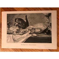 c.1900 German Wood Engraving, Monkey Breakfast Oysters, Paul Meyerheim