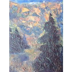 Oil On Board Painting Pine Trees
