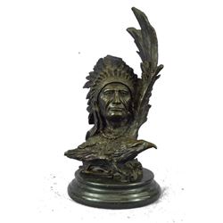 Bronze Bust Sculpture of Native American Indian Chief Feathered War Bonnet 13" x 6"