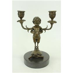 Greek Satyr Child Cherubim & Turtle Bronze Candelabra Candle Holder 13" x 9"