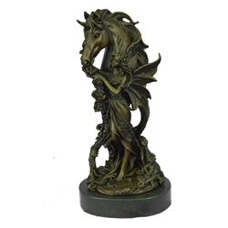 Fantasy Bronze Sculpture of Winged Fairy Girl & Unicorn Horse 13.5" x 7"