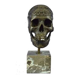Dia De Los Muertos Mexican SKULL Bronze Metal Sculpture Statue on Marble Base 14" x 10"