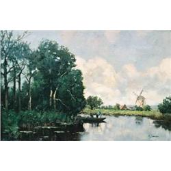 20th Century Dutch School Punt in river landscape