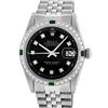 Rolex Mens Stainless Steel Black Diamond & Emerald Datejust Wristwatch