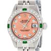 Rolex Ladies Stainless Steel Quickset Salmon Diamond & Emerald Wristwatch