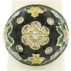 14K Yellow Gold Diamond Black Blue Green Yellow Enamel Dome Flower Ring