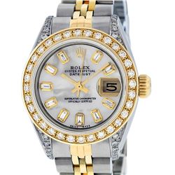 Rolex Ladies 2 Tone 14K MOP Baguette Diamond Lugs Datejust Wristwatch