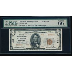 1929 $5 Lansdale National Bank Note PMG 66EPQ