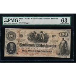 1862-63 $100 Confederate States of America Note PMG 63