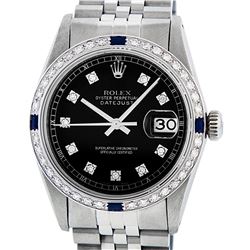 Rolex Mens Stainless Steel Black Diamond & Sapphire Datejust Wristwatch