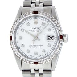 Rolex Mens Stainless Steel White Diamond & Ruby 36MM Datejust Wristwatch