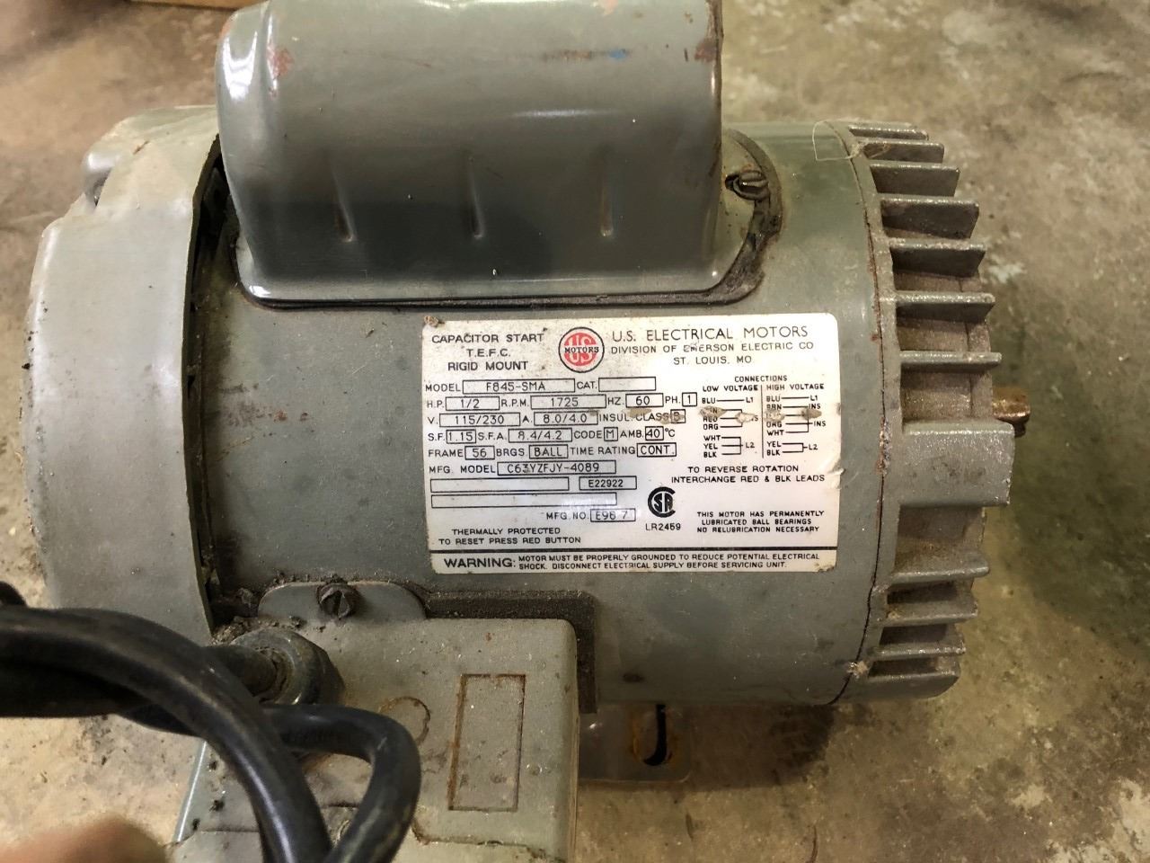 US Electric Motor 1/2 HP 115v