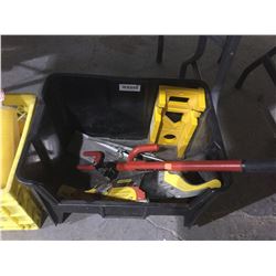 Black Bin of 4 hand saws and club lock