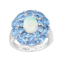 Silver Ethiopian Opal & Blue Topaz Halo Ring-SZ 9