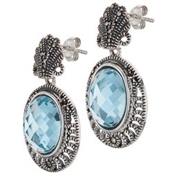 Silver Marcasite & Blue Topaz Oval Drop Earrings