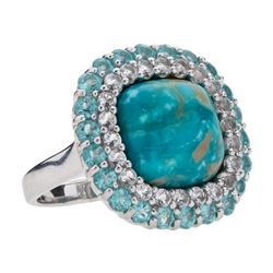 Silver Turquoise, Topaz & Apatite Halo Ring-SZ 8