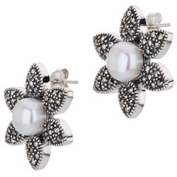 Silver Freshwater Pearl & Marcasite Stud Earrings