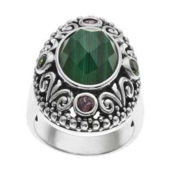 Silver Malachite & Gemstones Bali Style Ring-SZ 9