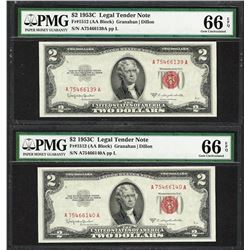 Lot of (2) Consecutive 1953C $2 Legal Tender Notes Fr.1512 PMG Gem Uncirculated 66EPQ