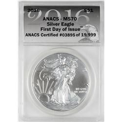 2016 $1 American Silver Eagle Coin ANACS MS70 First Day of Issue