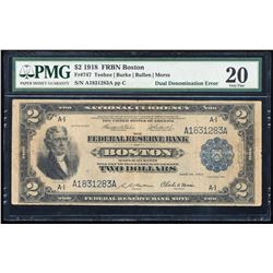 Rare 1918 $2/$1 Double Denomination Federal Reserve Note ERROR PMG Very Fine 20