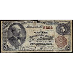 1882BB $5 Western NB of San Francisco, CA CH# 5688 National Currency Note