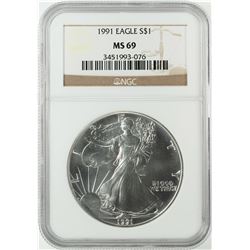 1991 $1 American Silver Eagle Coin NGC MS69