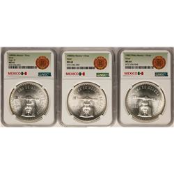 Lot of  (3) 1980Mo Mexico 1 Onza Silver Coins NGC MS64