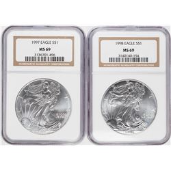 1997-1998 $1 American Silver Eagle Coin Coins NGC MS69