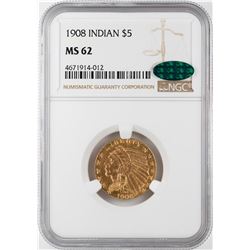 1908 $5 Indian Head Half Eagle Gold Coin NGC MS62 CAC