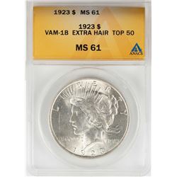 1923 $1 Peace Silver Dollar Coin ANACS MS61 VAM-1B Extra Hair Top 50
