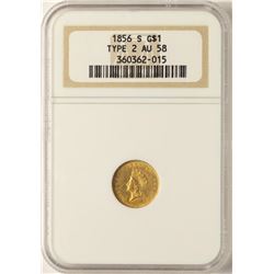 1856-S $1 Indian Princess Head Gold Dollar Coin NGC AU58