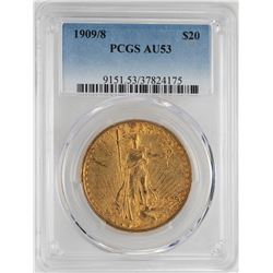 1909/8 $20 St. Gaudens Double Eagle Gold Coin PCGS AU53