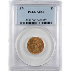 1874 $3 Indian Princess Head Gold Coin PCGS AU50